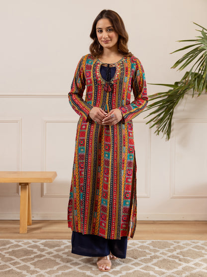 Ethnic Printed & Embroidered A-Line Kurta with Palazzo - Multi