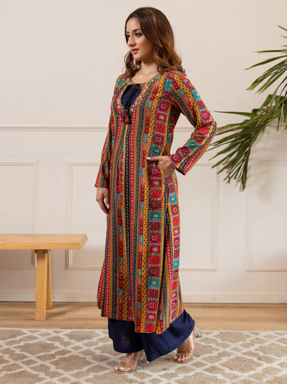 Ethnic Printed & Embroidered A-Line Kurta with Palazzo - Multi