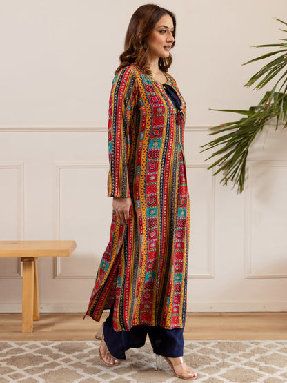 Ethnic Printed & Embroidered A-Line Kurta with Palazzo - Multi