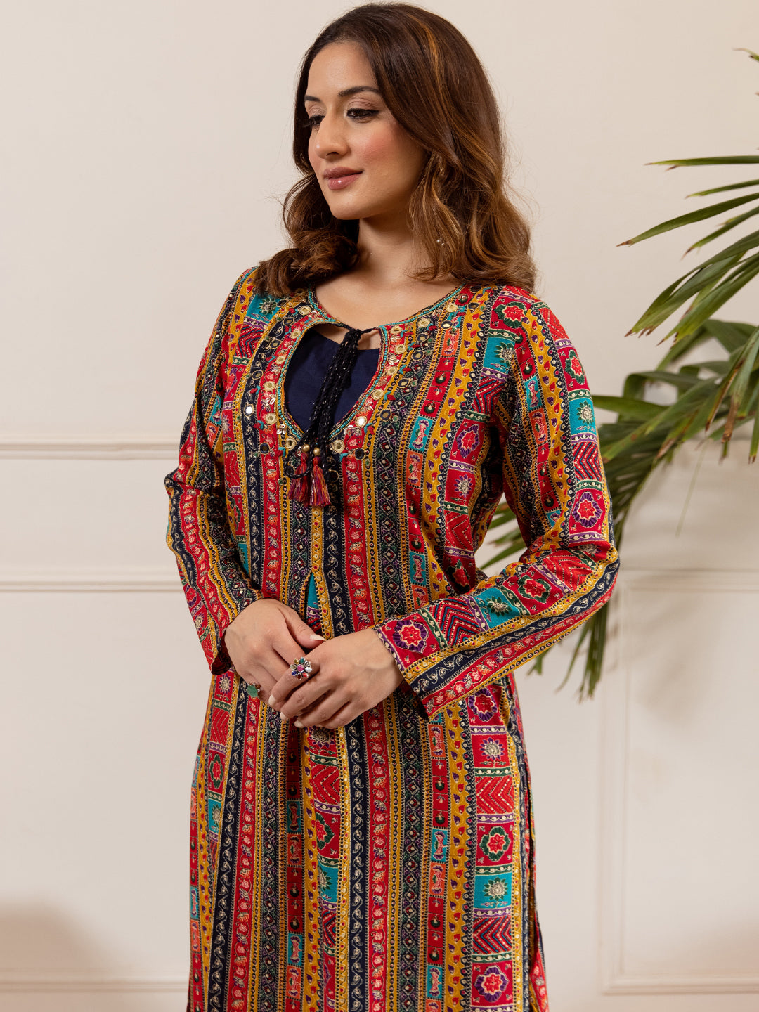 Ethnic Printed & Embroidered A-Line Kurta with Palazzo - Multi