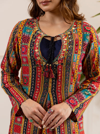 Ethnic Printed & Embroidered A-Line Kurta with Palazzo - Multi