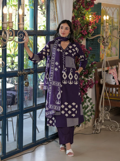 Abstract Ikat Printed Straight Fit Kurta with Palazzo and Dupatta - Deep Purple