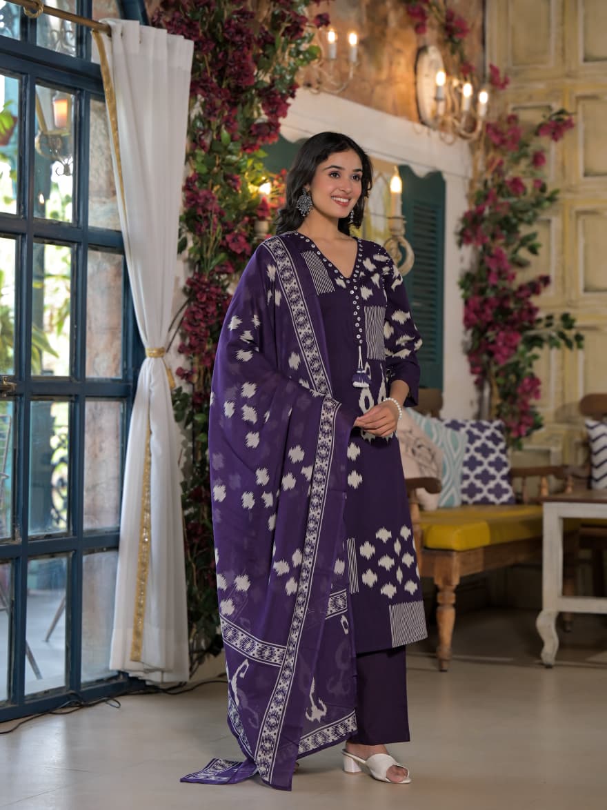 Abstract Ikat Printed Straight Fit Kurta with Palazzo and Dupatta - Deep Purple