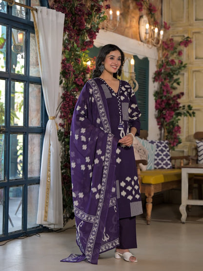 Abstract Ikat Printed Straight Fit Kurta with Palazzo and Dupatta - Deep Purple