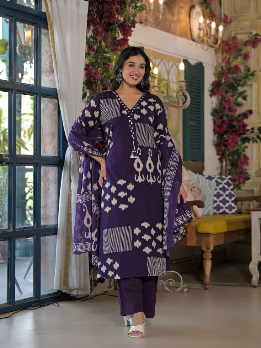 Abstract Ikat Printed Straight Fit Kurta with Palazzo and Dupatta - Deep Purple