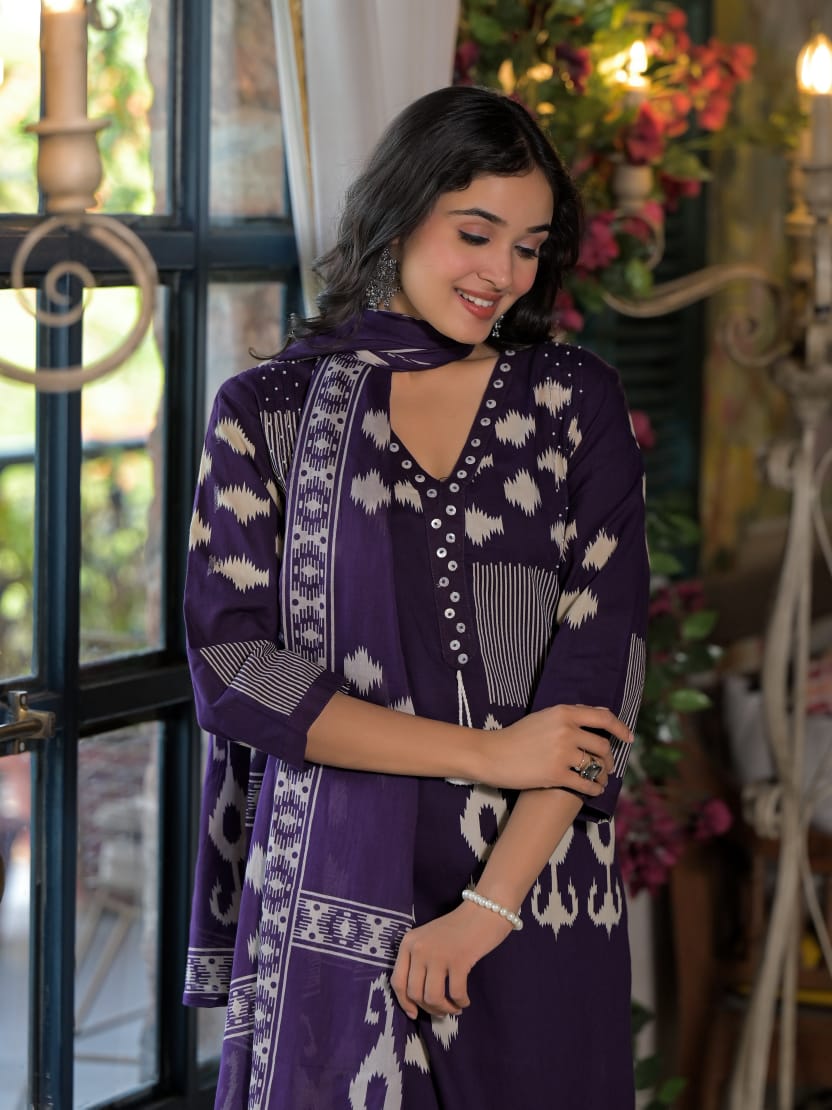 Abstract Ikat Printed Straight Fit Kurta with Palazzo and Dupatta - Deep Purple