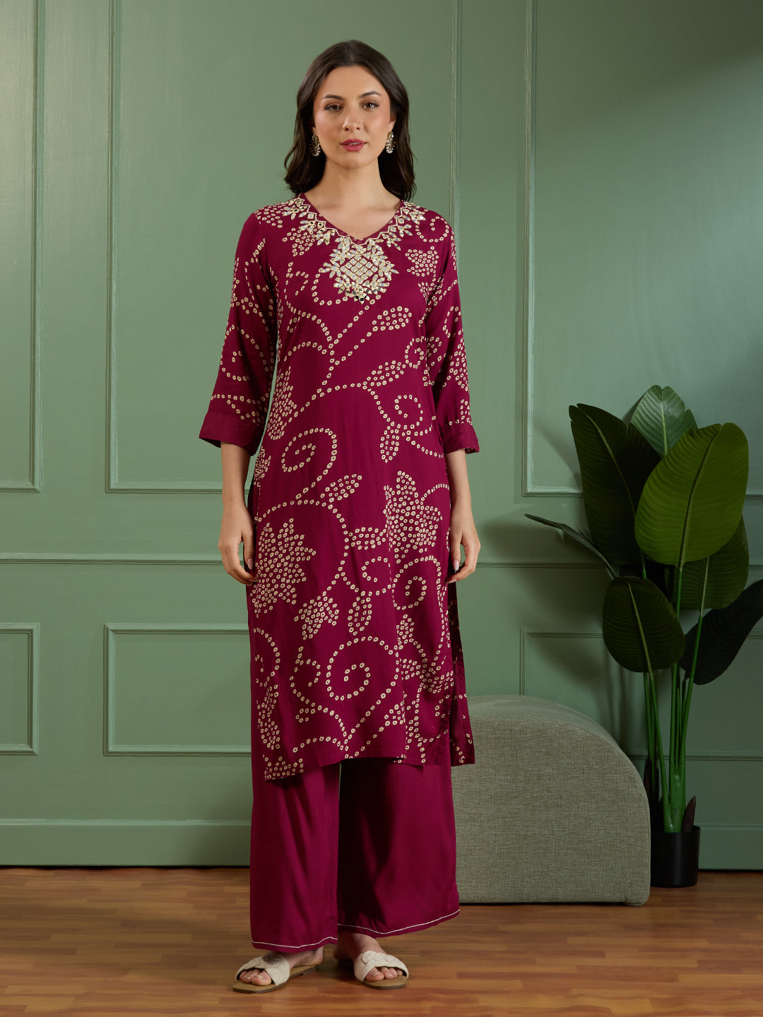 Bandhani Printed Mirror Embroidered A-Line Kurta with Palazzo - Burgundy