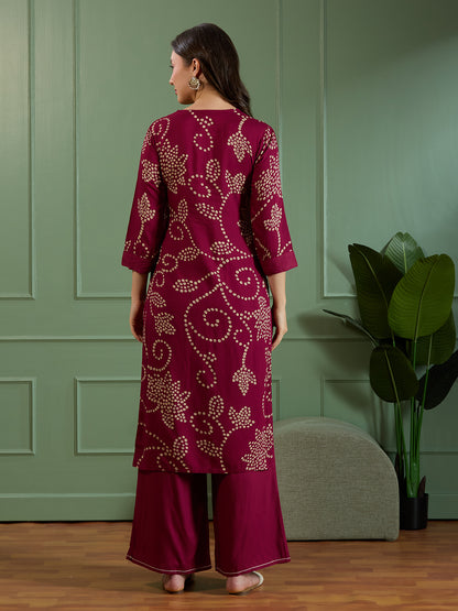 Bandhani Printed Mirror Embroidered A-Line Kurta with Palazzo - Burgundy