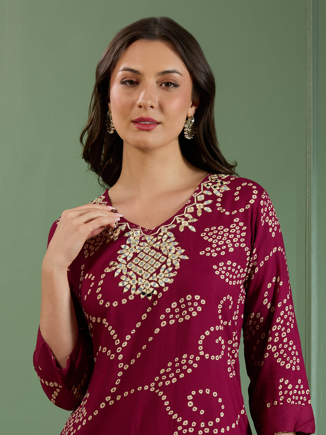 Bandhani Printed Mirror Embroidered A-Line Kurta with Palazzo - Burgundy