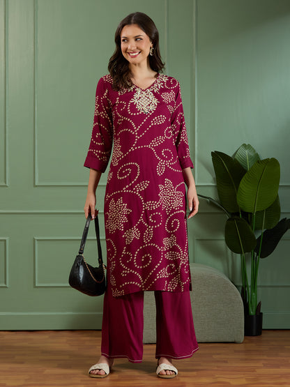 Bandhani Printed Mirror Embroidered A-Line Kurta with Palazzo - Burgundy