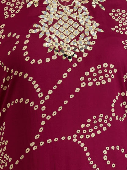 Bandhani Printed Mirror Embroidered A-Line Kurta with Palazzo - Burgundy