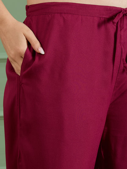 Bandhani Printed Mirror Embroidered A-Line Kurta with Palazzo - Burgundy