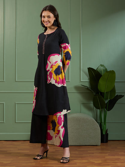 Abstract Floral Printed Straight Fit Co-ord Set - Black