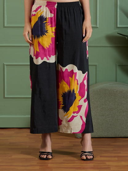 Abstract Floral Printed Straight Fit Co-ord Set - Black