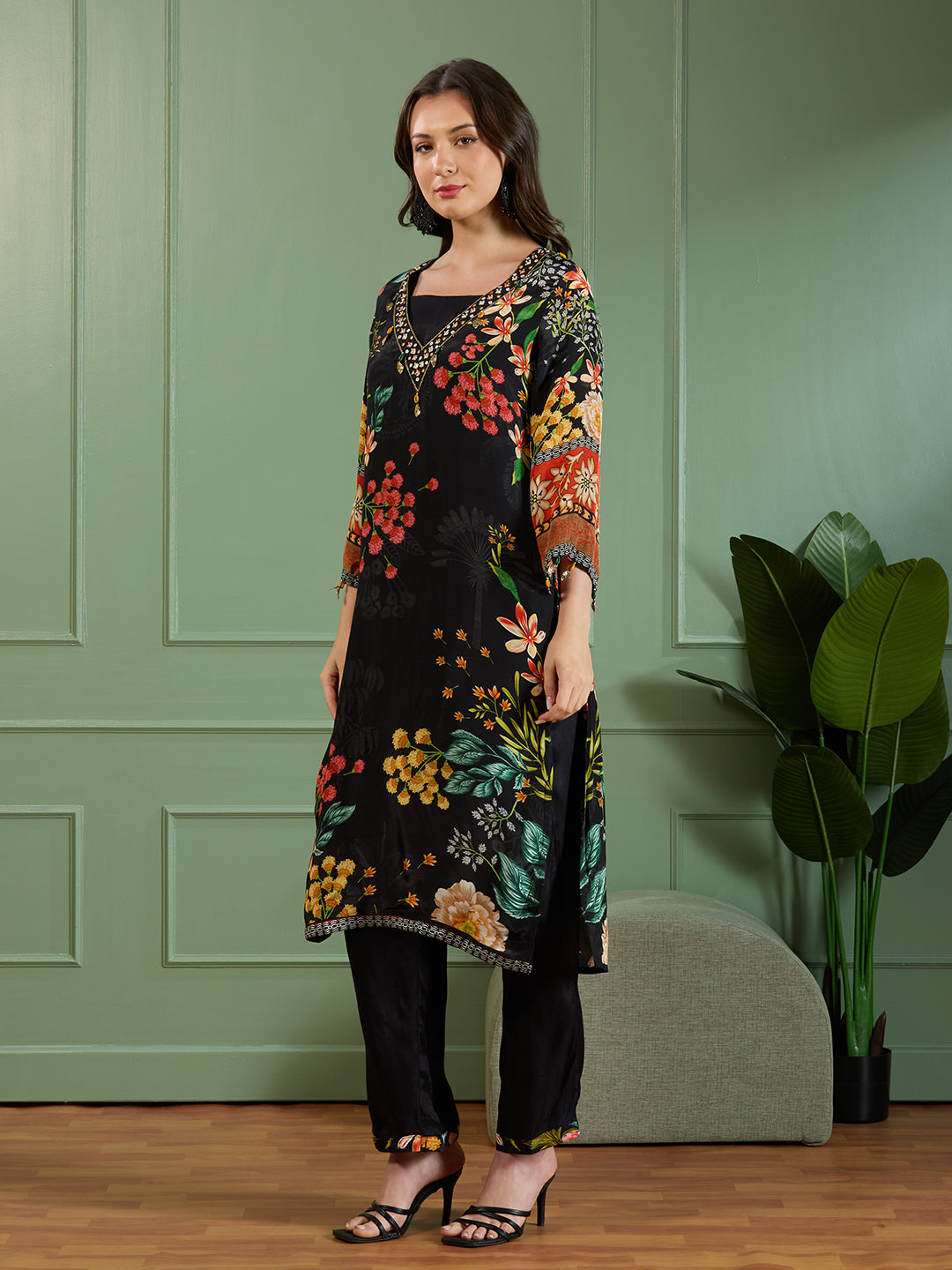 Abstract Floral Printed Embroidered Straight Fit Kurta with Palazzo - Black