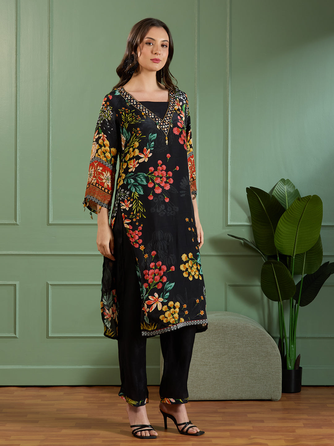 Abstract Floral Printed Embroidered Straight Fit Kurta with Palazzo - Black