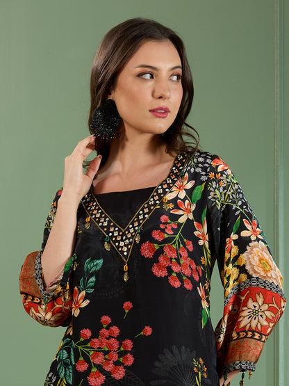 Abstract Floral Printed Embroidered Straight Fit Kurta with Palazzo - Black