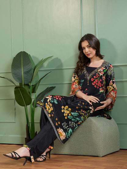 Abstract Floral Printed Embroidered Straight Fit Kurta with Palazzo - Black
