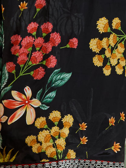 Abstract Floral Printed Embroidered Straight Fit Kurta with Palazzo - Black