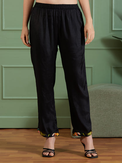 Abstract Floral Printed Embroidered Straight Fit Kurta with Palazzo - Black