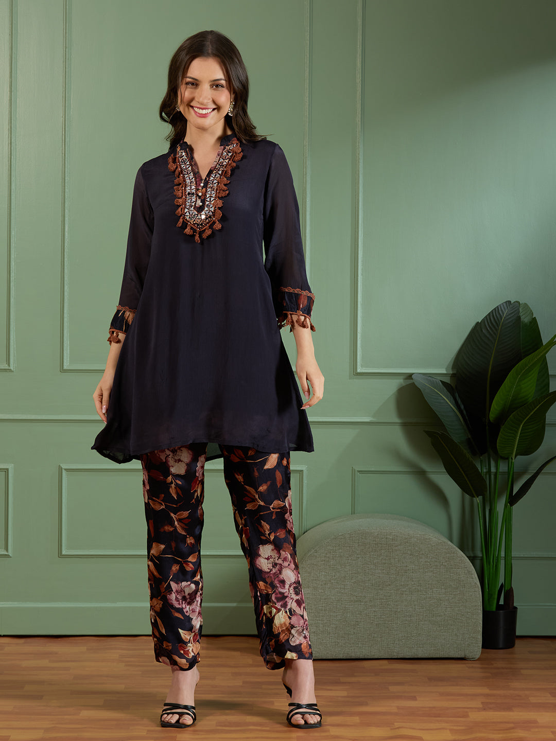 Solid Ethnic Embroidered A-Line Kurta with Printed Pant - Navy Blue