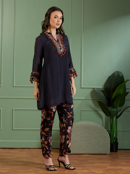 Solid Ethnic Embroidered A-Line Kurta with Printed Pant - Navy Blue