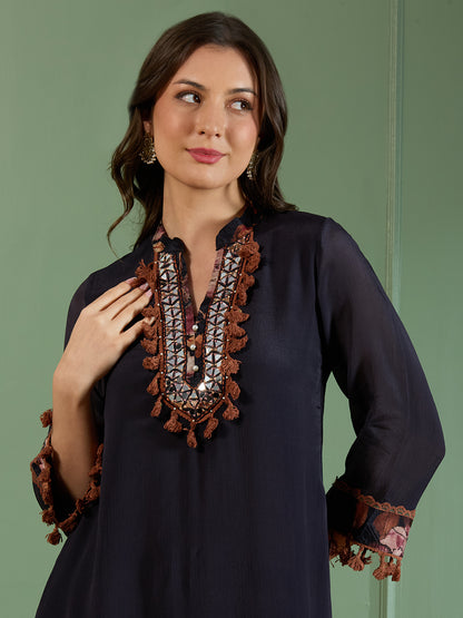 Solid Ethnic Embroidered A-Line Kurta with Printed Pant - Navy Blue