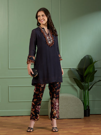 Solid Ethnic Embroidered A-Line Kurta with Printed Pant - Navy Blue