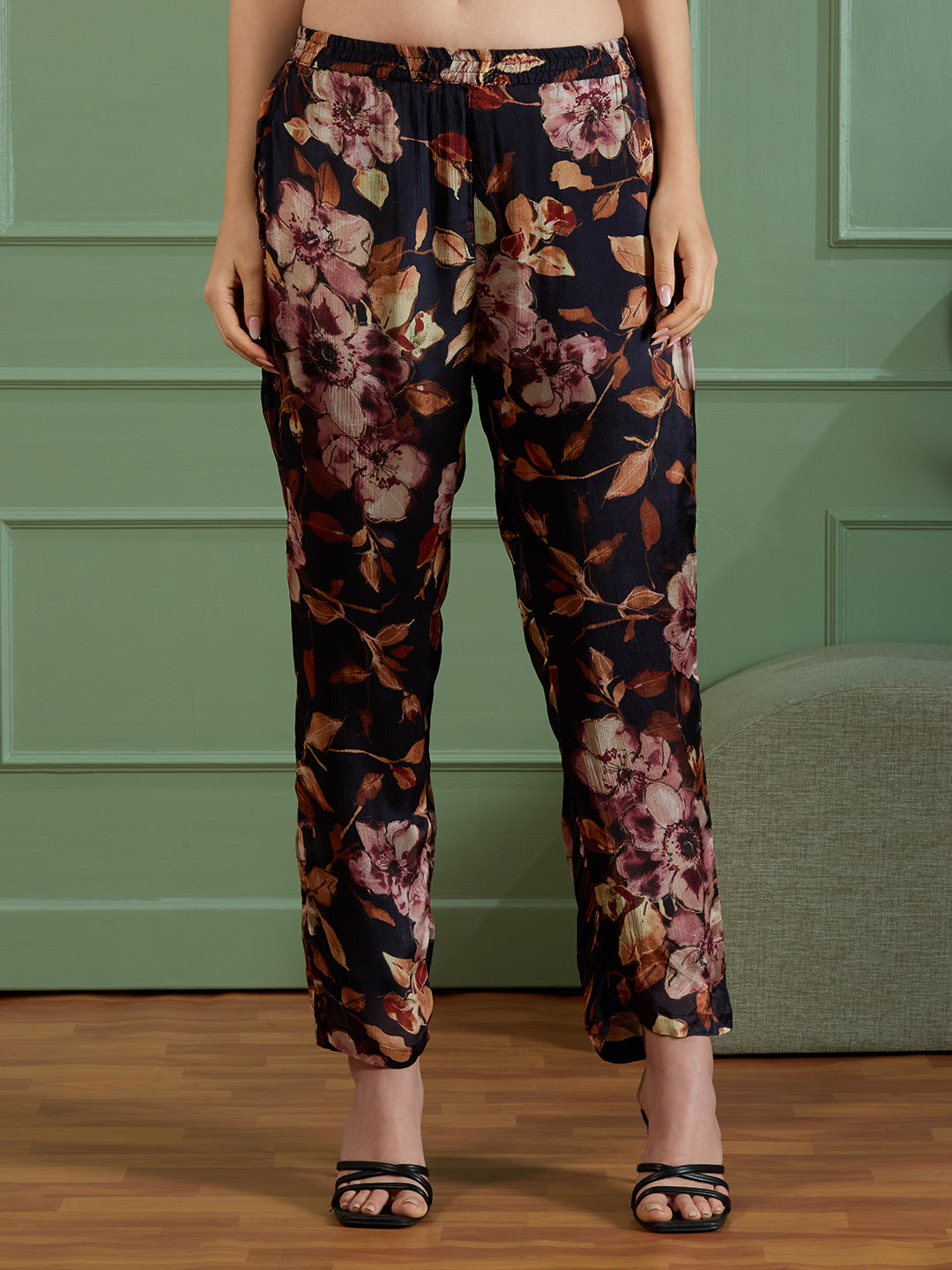 Solid Ethnic Embroidered A-Line Kurta with Printed Pant - Navy Blue