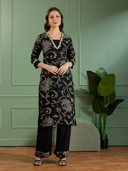 Floral Bandhani Printed Straight Fit Kurta with Palazzo - Black