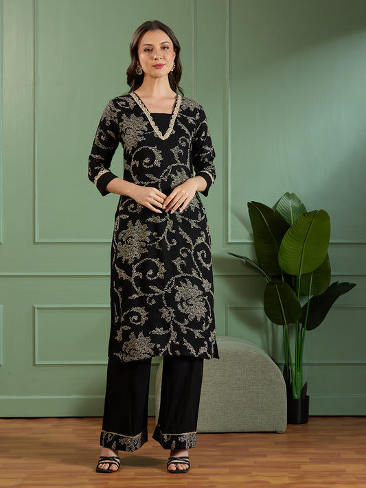 Floral Bandhani Printed Straight Fit Kurta with Palazzo - Black