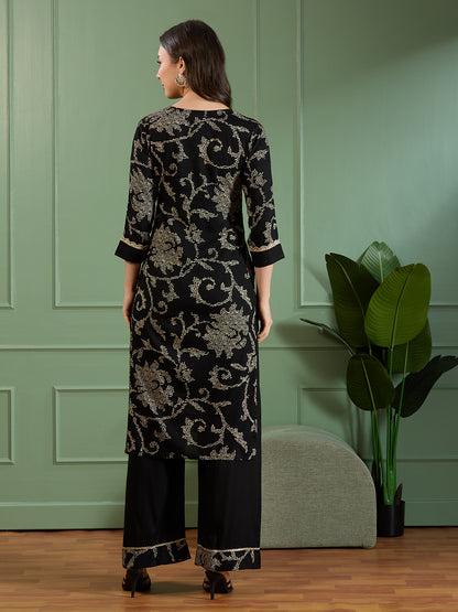 Floral Bandhani Printed Straight Fit Kurta with Palazzo - Black