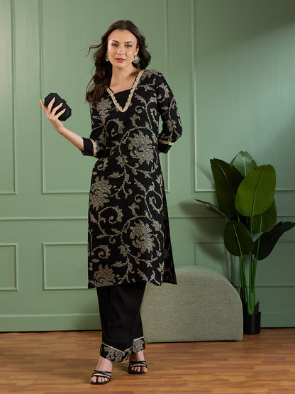 Floral Bandhani Printed Straight Fit Kurta with Palazzo - Black