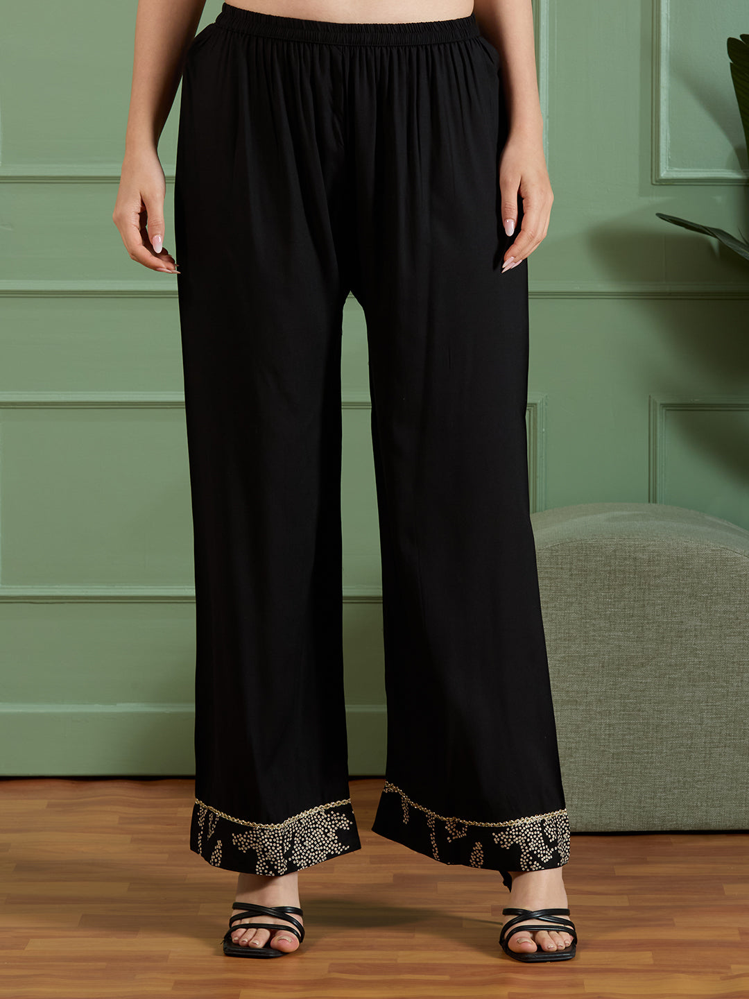 Floral Bandhani Printed Straight Fit Kurta with Palazzo - Black