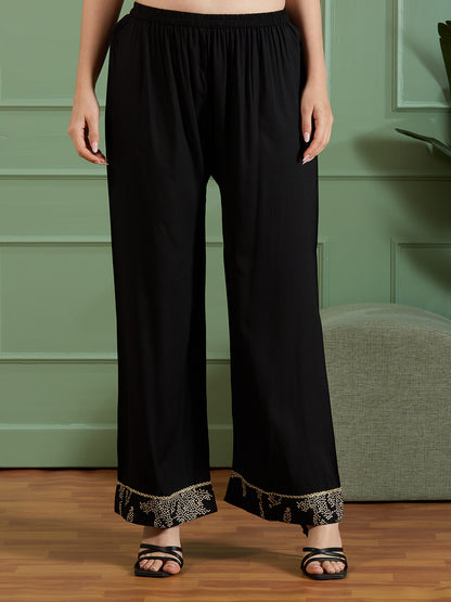 Floral Bandhani Printed Straight Fit Kurta with Palazzo - Black