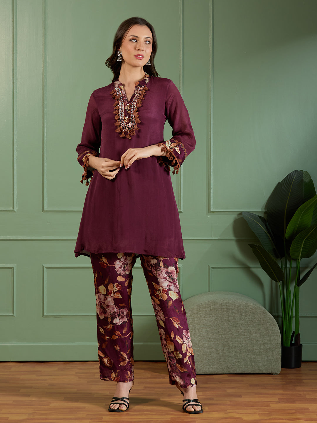 Solid Mirror Embroidered A-Line Kurta with Printed Pant - Burgundy
