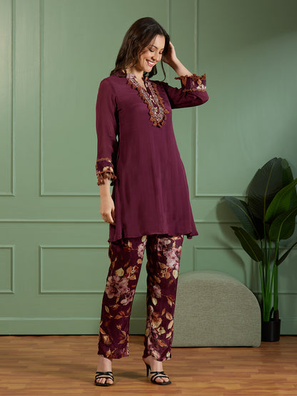Solid Mirror Embroidered A-Line Kurta with Printed Pant - Burgundy