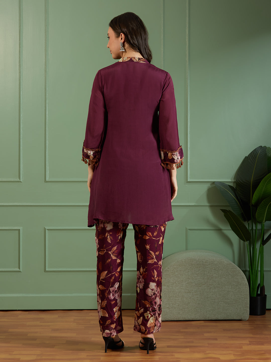 Solid Mirror Embroidered A-Line Kurta with Printed Pant - Burgundy