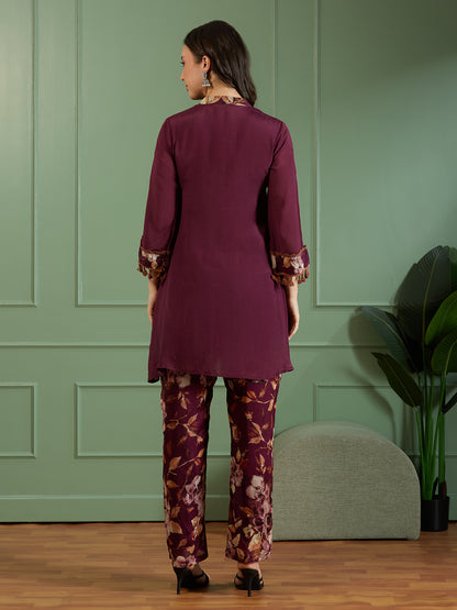 Solid Mirror Embroidered A-Line Kurta with Printed Pant - Burgundy