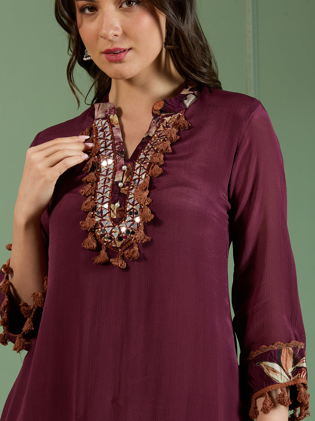 Solid Mirror Embroidered A-Line Kurta with Printed Pant - Burgundy