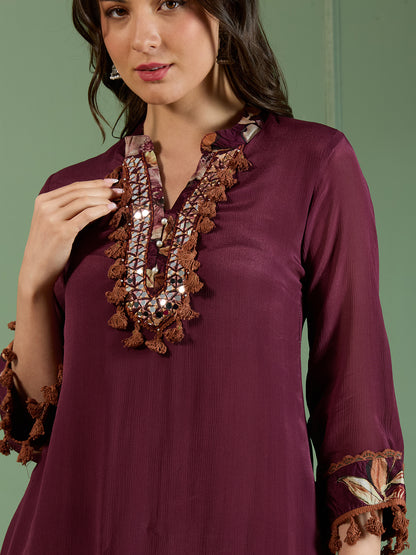 Solid Mirror Embroidered A-Line Kurta with Printed Pant - Burgundy
