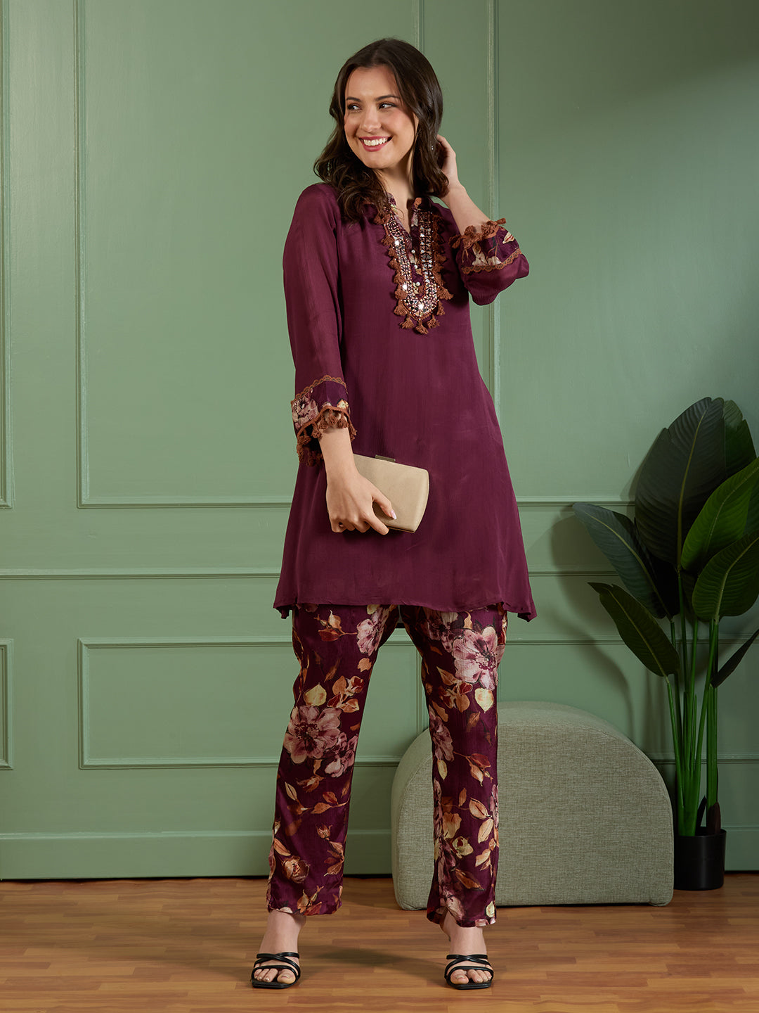 Solid Mirror Embroidered A-Line Kurta with Printed Pant - Burgundy