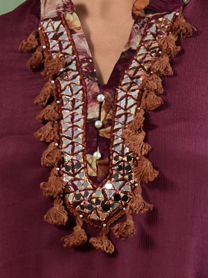 Solid Mirror Embroidered A-Line Kurta with Printed Pant - Burgundy
