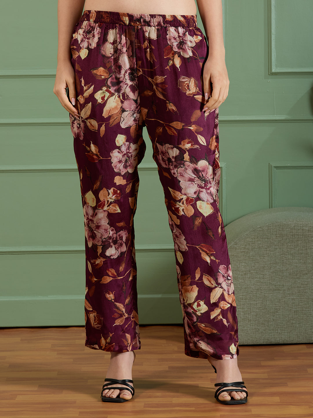 Solid Mirror Embroidered A-Line Kurta with Printed Pant - Burgundy