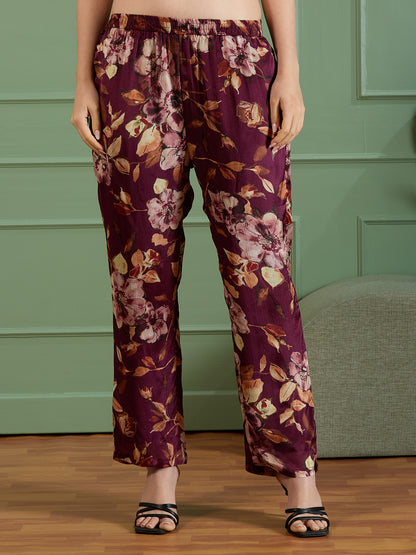 Solid Mirror Embroidered A-Line Kurta with Printed Pant - Burgundy