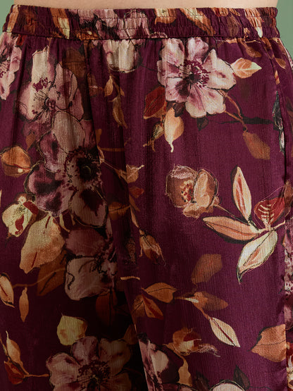 Solid Mirror Embroidered A-Line Kurta with Printed Pant - Burgundy