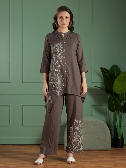Floral Threadwork Embroidered A-Line Co-ord Set - Grey