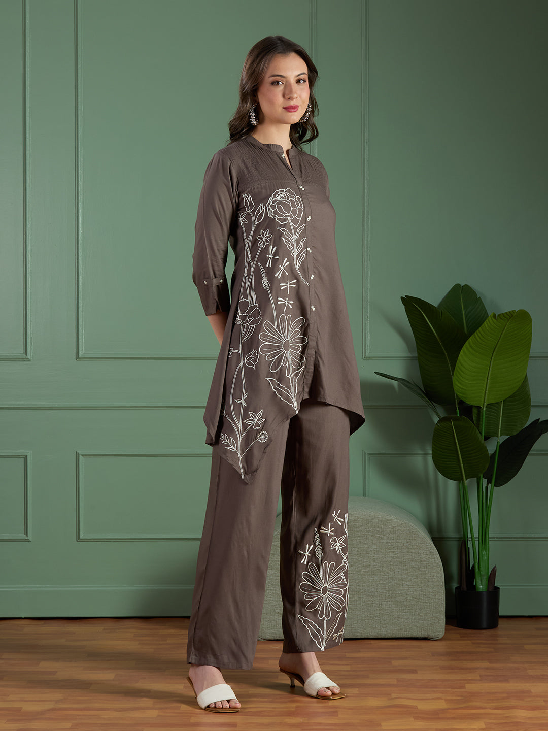 Floral Threadwork Embroidered A-Line Co-ord Set - Grey