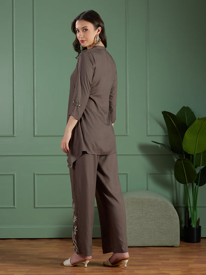 Floral Threadwork Embroidered A-Line Co-ord Set - Grey