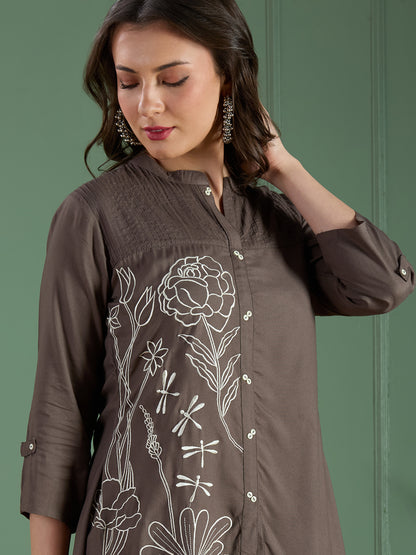 Floral Threadwork Embroidered A-Line Co-ord Set - Grey